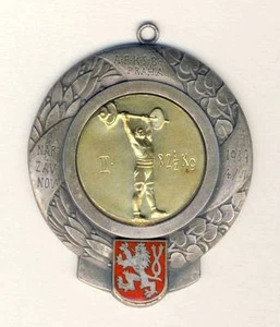 1939 GEWICHTHEBEN Sieger MEDAILLE Gewichtheber BARBELL sehr schön Tschechoslowakei - Bild 1 von 2