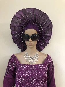 Aso Oke Auto Gele, gel automatico viola, gel pronto all'uso, copricapi africani, gel - Foto 1 di 7