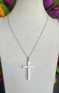 WHITE CORAL?/STONE CROSS 14K/585 YELLOW GOLD PEDANT/CHAIN - Picture 1 of 15