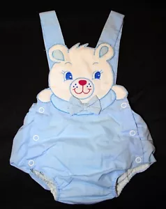 VTG 80s Baby Boy Size 3-6 Months? Teddy Bear Face Bib Romper Plastic Lined Pants - Picture 1 of 4