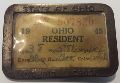Licencia de pesca Ohio 1945 de colección y soporte de metal Youngstown #507830 ¡Buen estado! Foto 1 de 4