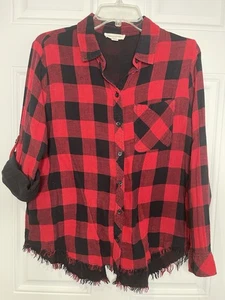 Beach Lunch Lounge Women's Medium Red & Black Buffalo Plaid Button Down Raw Hem - Picture 1 of 7