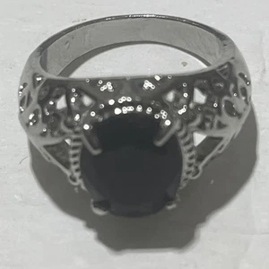 Size 9 Lab-Created  Black Onyx Silver tone Finish Filigree Cocktail Ring NEW - Picture 1 of 6