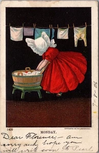 Vintage 1906 Dutch Girl / Days of the Week Postcard "MONDAY" Washing Clothes - Bild 1 von 2