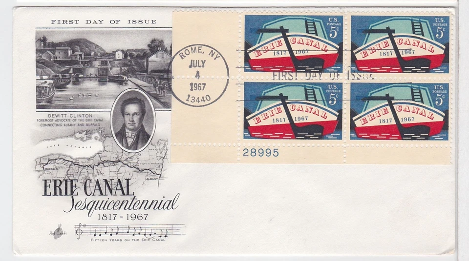 TurtlesTradingPost- Erie Canal  #1325 1967 FDC- Artcraft Cachet Plate Block - Image 1 of 1