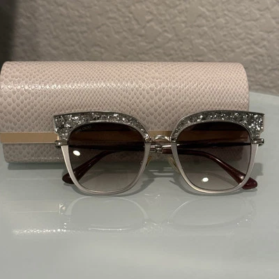JIMMY CHOO ROSY Gunmetal Pink/Grey Glitter Bar Flat Butterfly Sunglasses w/ Case - Image 1 of 4