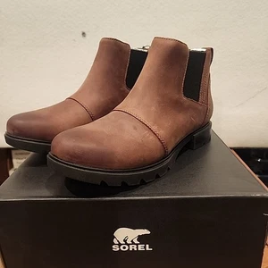 SOREL Mujer Emelie lll Chelsea Impermeable Cuero Bota Talla 8.5 Marrón NUEVO - Imagen 1 de 9