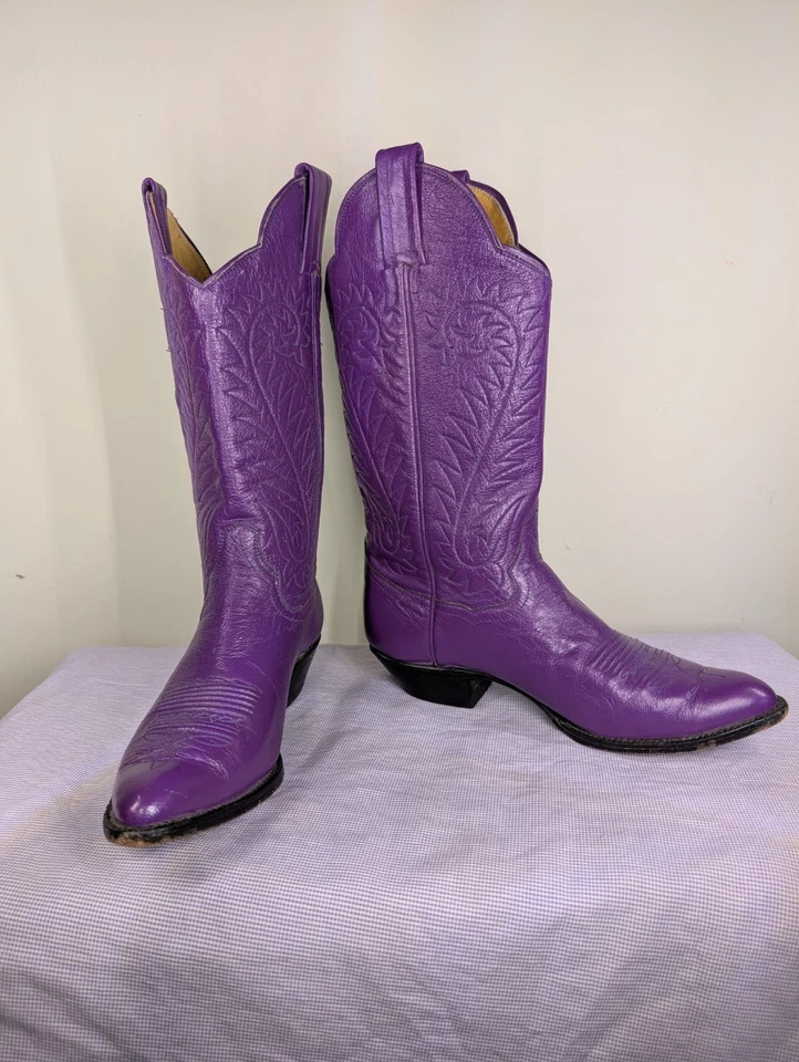 Винтажные узкие фиолетовые кожаные ковбойские сапоги Panhandle | ручная работа, с коротким носком - Изображение 1 из 4