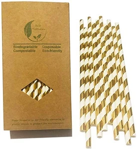 Shining Gold Striped Paper Straws, 100% Biodegradable Decorate Straw, Premium... - Picture 1 of 6
