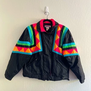 Vintage Obermeyer 80er Jahre bunte Snowboading Winterjacke Voo Doo Damengröße 10 - Bild 1 von 16