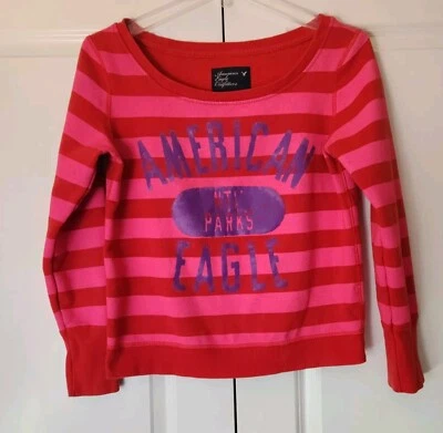 Sudadera AE American Eagle Logo Talla Mediana Hasta la Cintura Rojo Rosa Rayas Foto 1 de 4