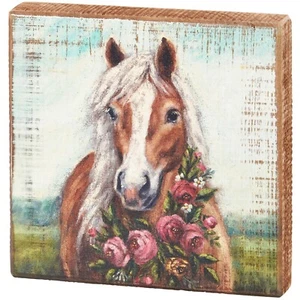 Decorative Wooden Block Sign - Farmhouse Pony Horse Wearing Spring Floral Wreath - Picture 1 of 3
