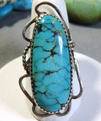NAVAJO Sally Ramone KINGMAN Webbed TURQUOISE Sterling Silver RING sz7 signed🤩 - Image 1 of 4