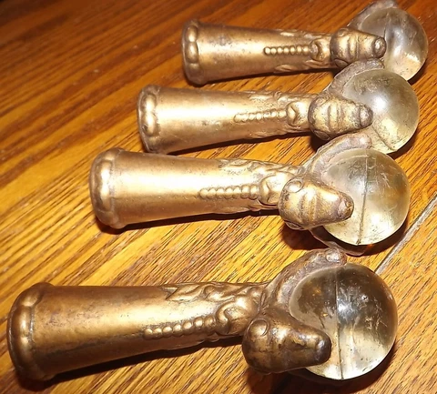 Set of 4 Vintage Cast Iron & Glass Ball and Claw Feet Furniture Animal Face Cover