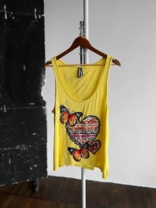 Desigual Yellow Sleeveless Tank Top Embroidered Print Butterfly Heart Size L/XL - Picture 1 of 5