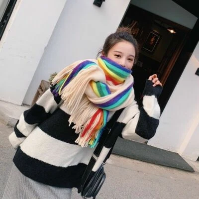 Dama Arco Iris Iris Imitación Cachemira Lana Bufandas Borla Rayas Grueso Chal Envoltura Invierno Foto 1 de 4