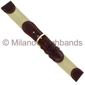 18mm Hirsch Dark Brown Genuine Leather Beige Fabric Swiss Army Style Watch Band - Picture 1 of 3