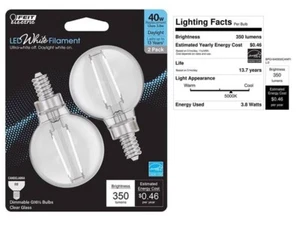 Feit BPG1640950WFIL2 White Filament G16.5 E12 Candelabra LED Bulbs Daylight 40W - Picture 1 of 2