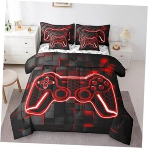 Kids Gamer Comforter Set with Sheets 7 Piece and Black Bedding Set Queen Red - Picture 1 of 7