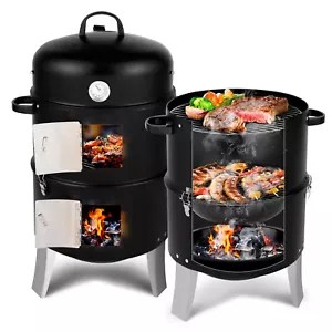3 IN 1 Charcoal Smoker, Heavy Duty Double Layer Round BBQ Grill Outdoor Cooking - Picture 1 of 16