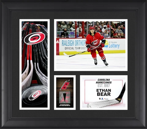 Ethan Bear Carolina Hurricanes FRMD 15" x 17" Collage with a Piece of GU Puck Cover