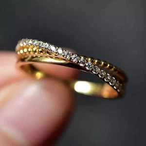 Round Lab Created Diamond Stunning Criss Cross Band Ring 14K Yellow Gold Plated - Picture 1 of 4