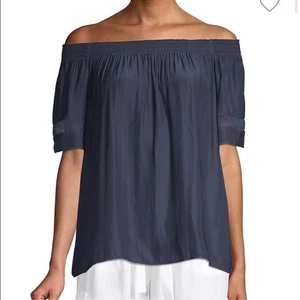 Ramy Brook Womens Top Jessica Blue Off Shoulder Elastic Smocked Flare Sleeve M - Picture 1 of 9