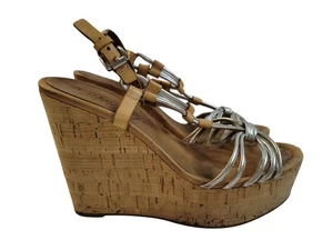 Scarpe sandalo donna Coach Georgiana argento marrone pelle sughero plateau zeppa 7,5 - Foto 1 di 8