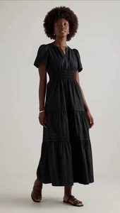 Quince Maxi Tiered Black Dress Sz XL 100% Organic Cotton Poplin Pockets Smocked - Picture 1 of 10