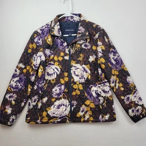 Lands End Quilted Floral Puffer Jacket Womens Medium Petite 10 12 Primaloft Coat - Picture 1 of 13