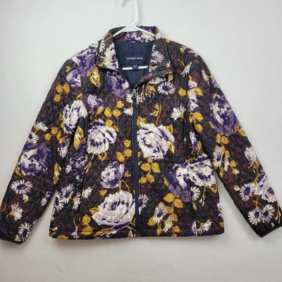 Lands End Quilted Floral Puffer Jacket Womens Medium Petite 10 12 Primaloft Coat - Image 1 of 4