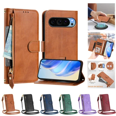 Leather Zipper Card Stand Wallet Case Magnetic Phone Cover with Wristlet Strap - Image 1 of 4