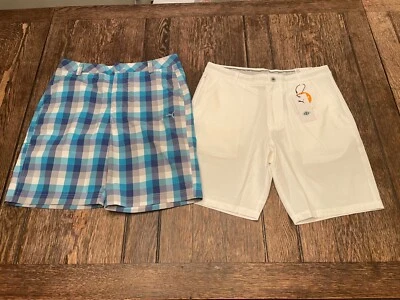 nwt 2 (lot) PUMA mens size 32 (inseam 9") white & blue plaid stretch Golf shorts - Image 1 of 4