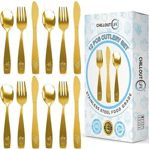 12 PCS Stainless Steel Kids Silverware Forks Spoons Knives Gold Finish - Picture 1 of 7