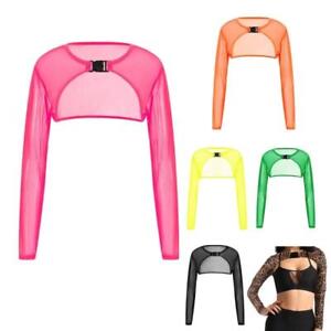 See Through Mesh Crop Rave Top with Buckle Long Sleeve Solid Color Shrug Shirts