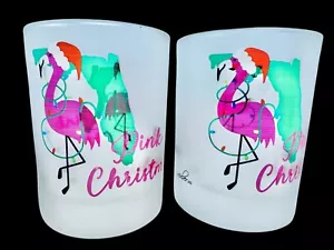 Culver Ltd Pink Christmas Flamingos Florida Frosted Barware Set Lowball Glasses - Picture 1 of 24