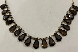 Vintage Smokey Quartz Necklace with 18 Encased Briolette or Pear Shaped Stones - Picture 1 of 4