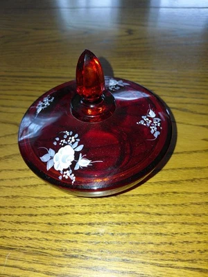 Fenton Ruby Red Hand-Painted Lidded Candy Dish - signed  - Image 1 of 4