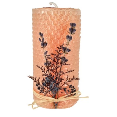 Vela estilo cera de abejas enrollada rosa 4x2" lavanda seca decoración floral sin perfume  Foto 1 de 4