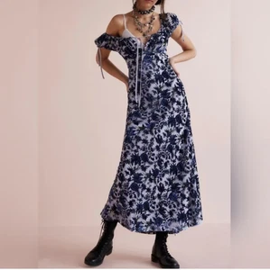 Free People langes Kleid Fawna Samt Midi Blau Größe XL Neu mit Etikett - Bild 1 von 9