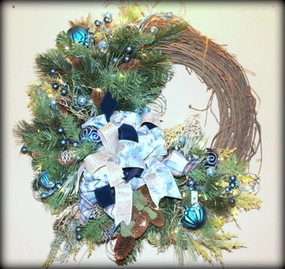 Royal Blue Poinsettia Christmas Wreath - Image 1 of 4