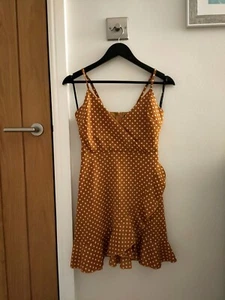 Mustard polka dot strappy wrap around dress with ruffles in UK 6 - Picture 1 of 2