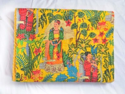 Indian Cotton Floral Art King Size Kantha Quilt Blanket Bedspread Handmade Throw - Image 1 of 4