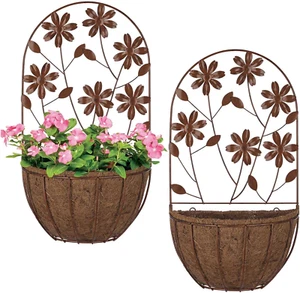 2Pks Wall Hanging Planter Decor Art with Flower, Metal Wall Mounted Planters Ind - Picture 1 of 7