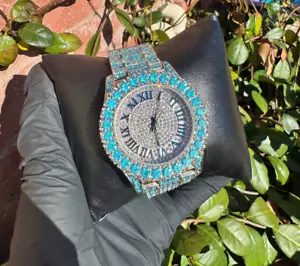 Reloj de fiesta de lujo de diamantes de laboratorio unisex de lujo azul verdoso completamente helado - Imagen 1 de 7