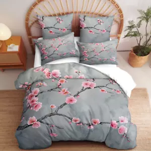 Grey Pink Cherry Blossom Duvet Cover Queen Size Japanese Cherry Blossoms Duvet C - Picture 1 of 12