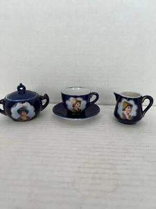 Royal Medaillon Blau Teeservice Milchkännchen Zuckerdose Tasse 4 Teile Germany Antik - Bild 1 von 14