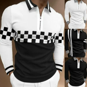 Men Fashion Printed T-Shirt Plaid Zip Up Lapel Shirt Slim Casual Long Sleeve - Picture 1 of 10