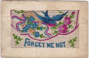 HORSESHOE, DOVE & FORGET ME NOT FLORAL SILK POSTCARD - Picture 1 of 2