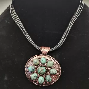 Chicos Simulated Turquoise Artisan Style Necklace Copper Tone Faux Leather Cords - Picture 1 of 7